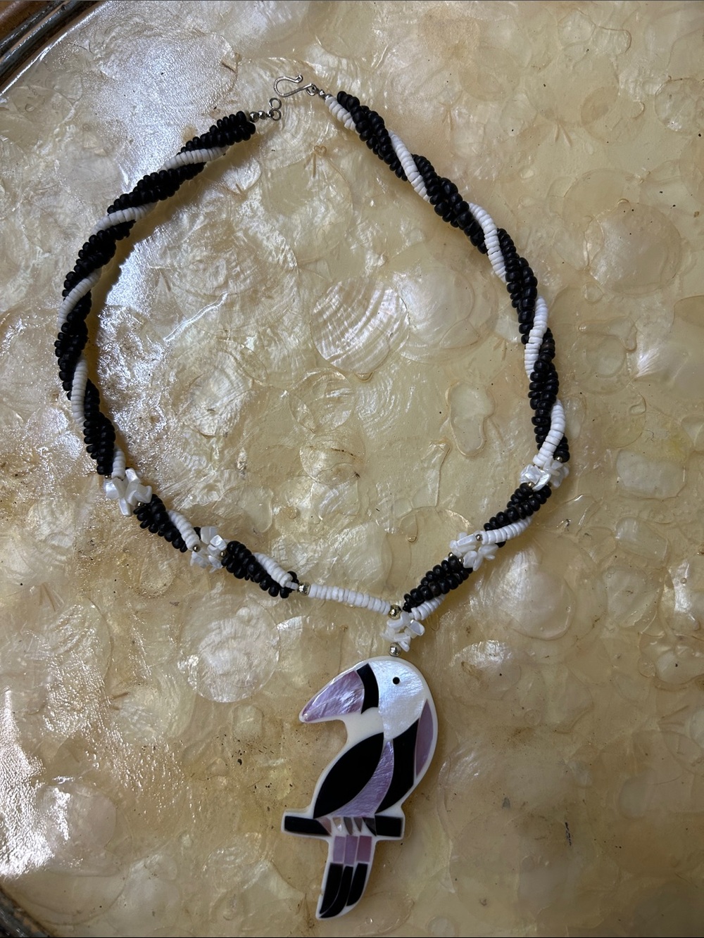 Beachy fun Black & White Beaded Necklace with Toucan Pendant